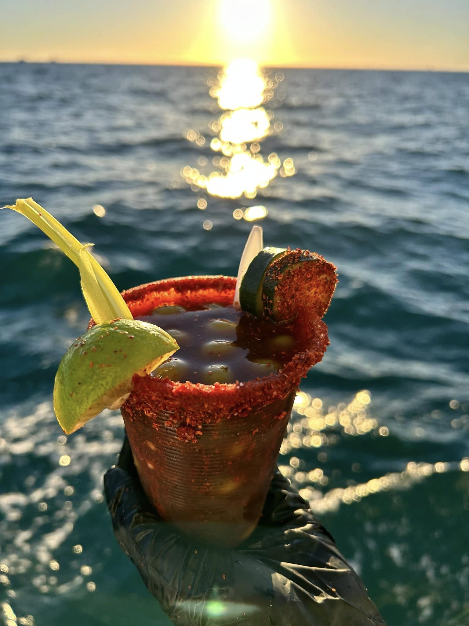 Spicy michelada overlooking the Sea of Cortez at sunset